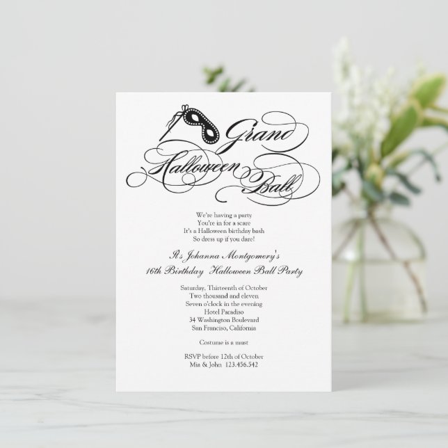 Klassisches Grand Halloween Ball Costume Regency Einladung (Stehend Vorderseite)