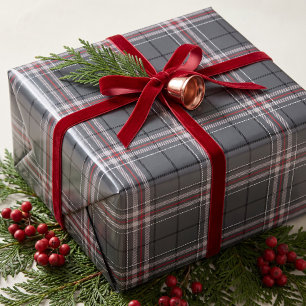 Klassisches Grau-Rot gestreiftes Weihnachts-Tartan Geschenkpapier