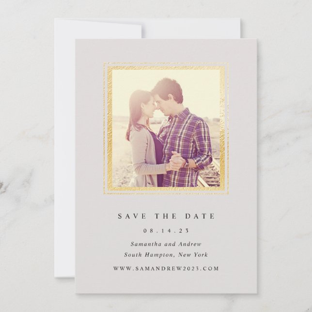 Klassisches Grau- und Goldrahmen-Foto Save the Dat Date (Vorderseite)