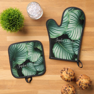 Klassisches, großes Leaf-Design, Ihr Name oder Tex Ofenhandschuh & Topflappen-Set