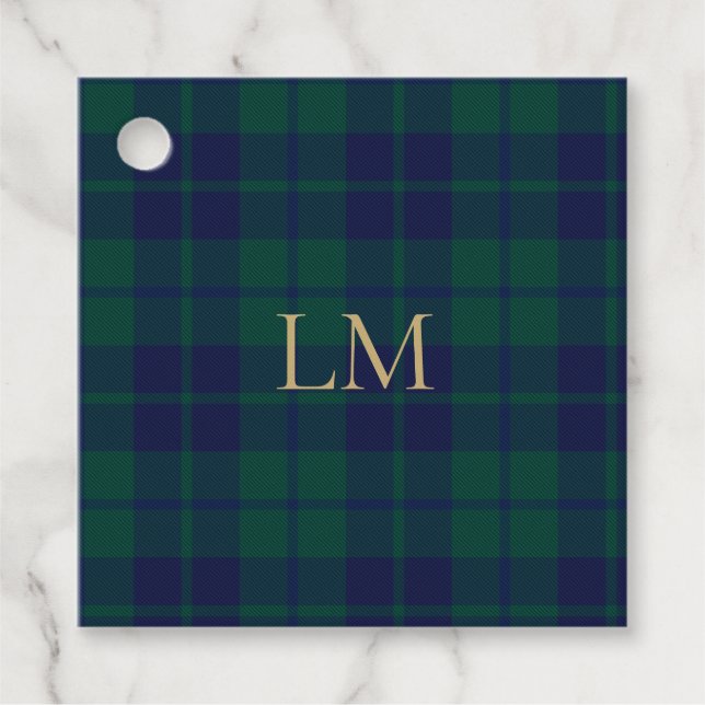 Klassisches Grün Navy Tartan Karo Gold Monogramm Geschenkanhänger (Vorderseite)