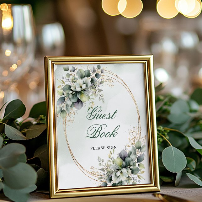 Klassisches Grün und Gold Gästebuch-Schild Poster (Classic Greenery and Gold Guest Book Sign)