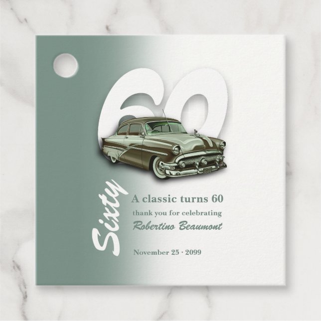 Klassisches grünes Auto wird 60 Geschenkanhänger (Vorderseite)