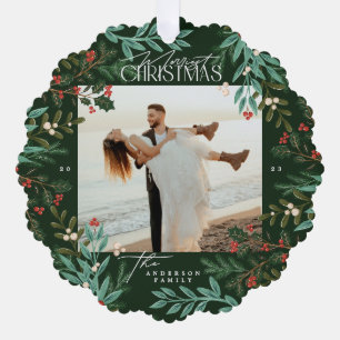 Klassisches grünes botanisches Weihnachtsfoto Ornament Karte
