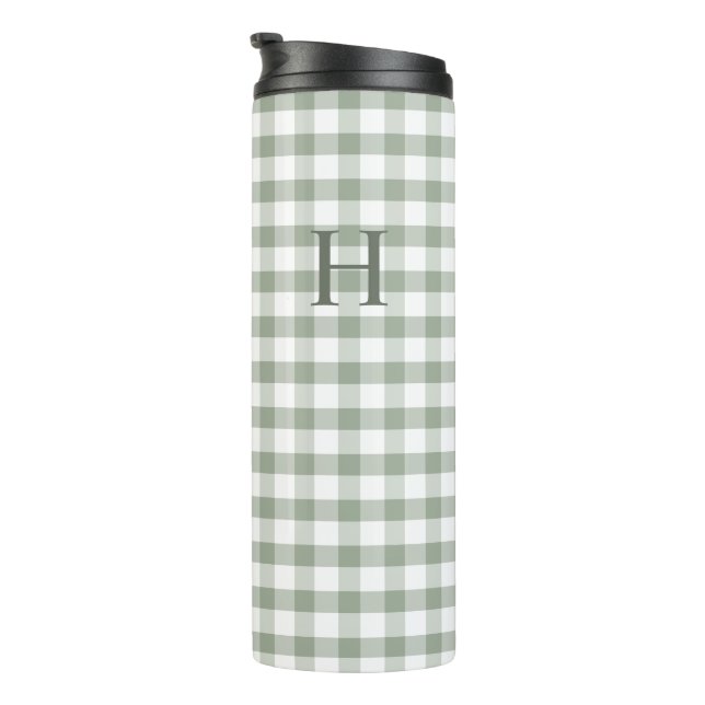 Klassisches grünes Gingham modernes Monogramm Thermosbecher (Nach rechts gedreht)