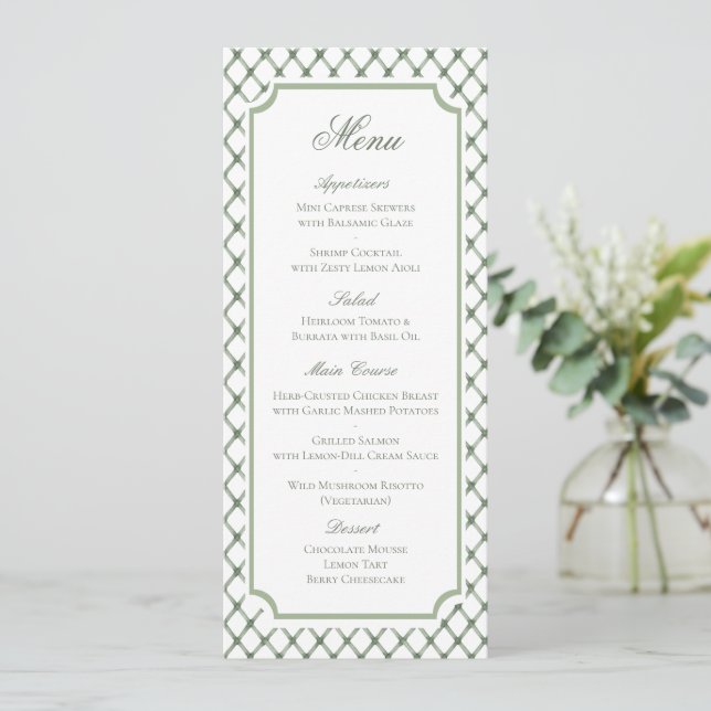 Klassisches grünes Gittermuster-Hochzeitsmenü Save The Date (Stehend Vorderseite)