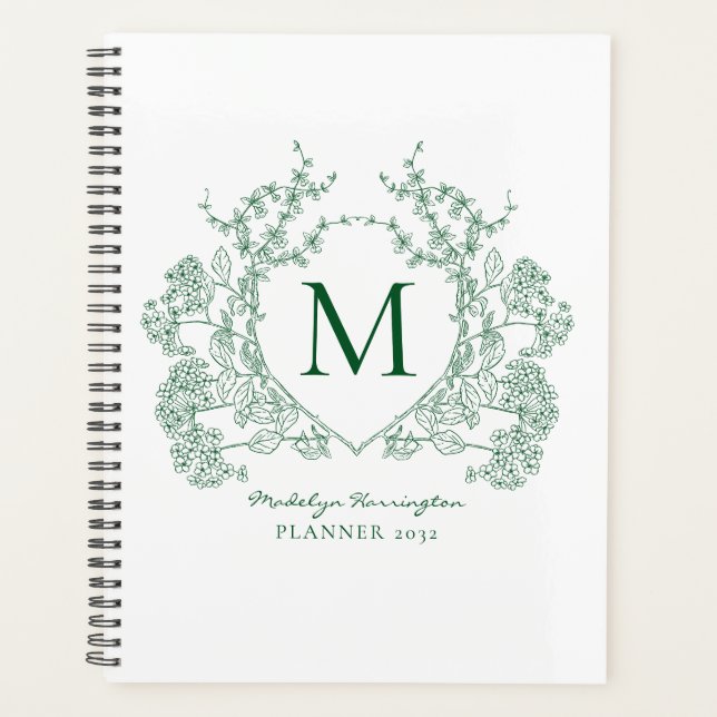 Klassisches grünes vintage-blumenwappen-Monogramm Planer (Vorderseite)