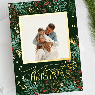 Klassisches grünes Weihnachtsfoto mit Goldbotanik Folien Feiertagskarte