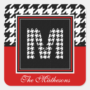 Klassisches Hahnentrittmuster und Monogramm Rot Quadratischer Aufkleber