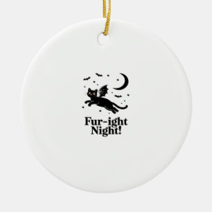 Klassisches Halloween-Schwarzkatze-mit-Fledermausf Keramik Ornament