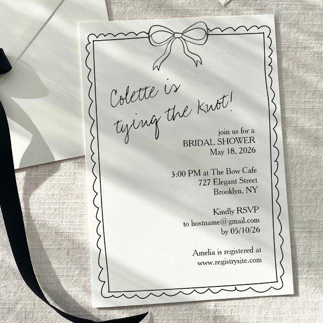 Klassisches handgezeichnetes Brautparty Elegantes  Einladung (Minimalist elegance meets timeless charm in this chic black & white bow bridal shower invitation.)