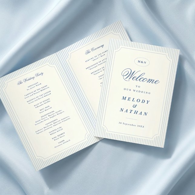 Klassisches Hellblau gestreiftes Hochzeitsfaltenpa Programm (classic light blue stripes folded wedding paper program)