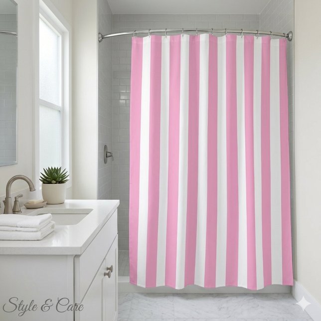 Klassisches helles Rosa und Weiß gestreift Duschvorhang (Classic Light Pink and White Striped Shower Curtain)