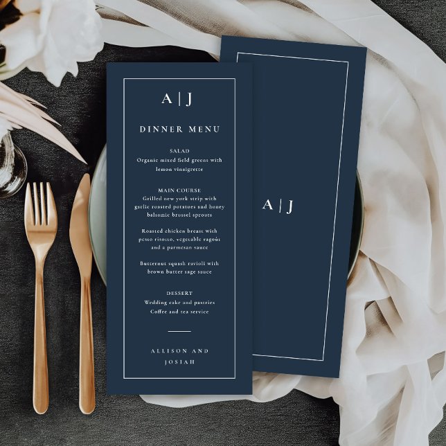 Klassisches Hochzeitsmonogramm-Dinner Menükarte (Classic navy blue wedding monogram dinner or bar menu.)