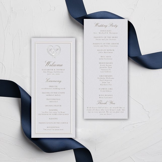 Klassisches Hochzeitsprogramm für Nautic Anchor Ro (nautical wedding program classic formal traditional frame faux embossed anchor crest monograms)