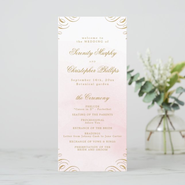 Klassisches Hochzeitsprogramm für Rosa und Gold Menükarte (Stehend Vorderseite)