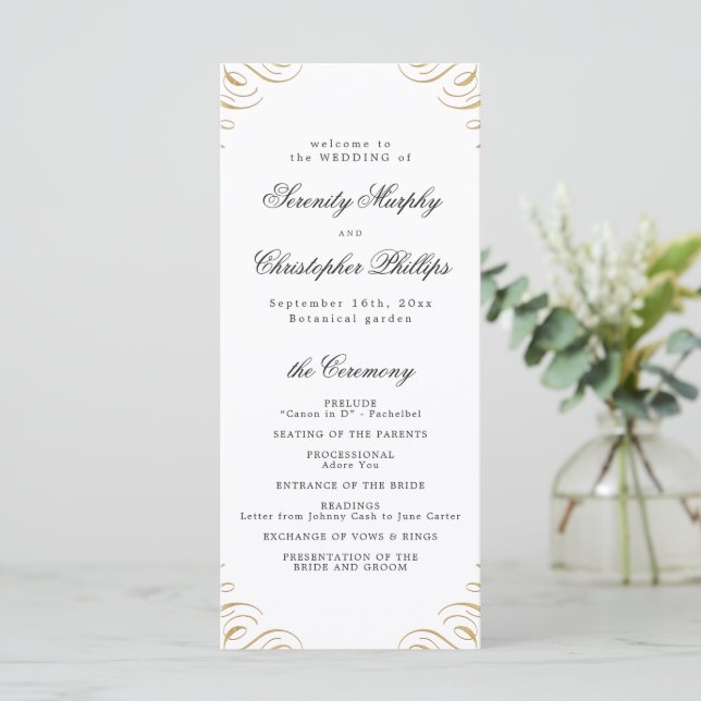 Klassisches Hochzeitsprogramm für Schwarz und Gold Menükarte (Stehend Vorderseite)