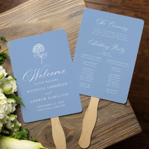 Klassisches Hochzeitsprogramm mit blauen Hortensie Fächer