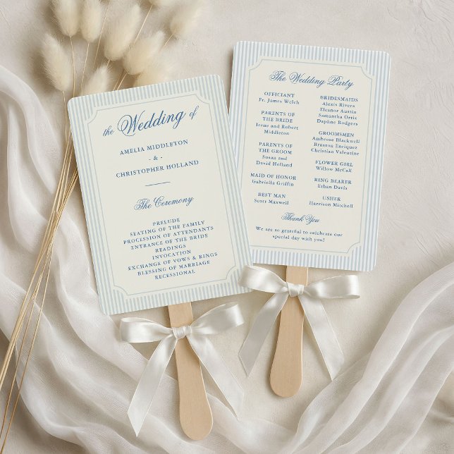 Klassisches Hochzeitsprogramm mit hellblauen Strei Fächer (classic light blue stripes wedding fan programs)