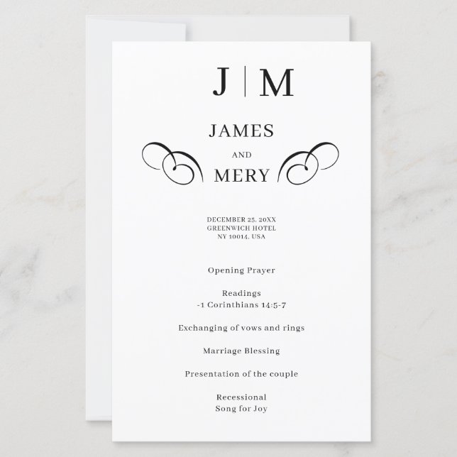 Klassisches Hochzeitsprogramm mit Monogramm-Kallig (Vorderseite)