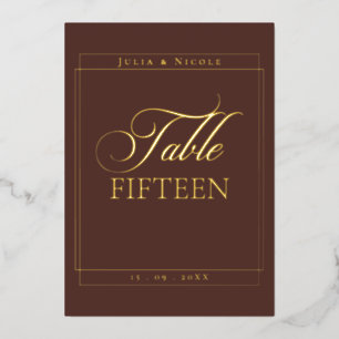 Klassisches Hochzeitstisch-Schild mit braunem Rand Folieneinladung