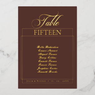 Klassisches Hochzeitstisch-Schild mit brauner Umra Folieneinladung