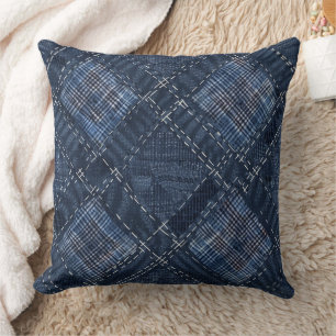 Klassisches Indigo-Diamantstich-Denim-Muster Kissen