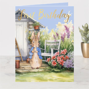 Klassisches Kaninchen im Garten zum 1. Geburtstag Karte