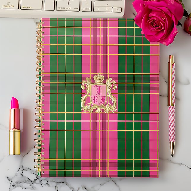 Klassisches Kariertes Rosa und Grün Mit Monogramm Notizbuch (Stylish Monogrammed Pink and Green Notebook, Glossy Soft Cover or Matte Hardcover 2425)