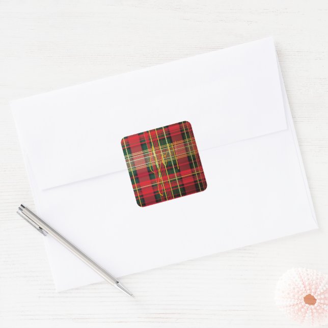 Klassisches Kariertes Tartan "Joy" Calligraphy Dec Quadratischer Aufkleber (Umschlag)
