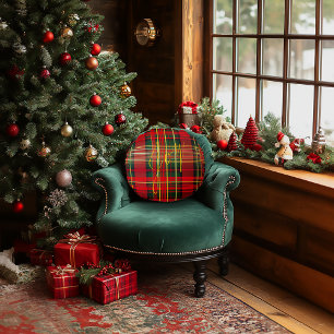 Klassisches Kariertes Tartan "Joy" Calligraphy Dec Rundes Kissen