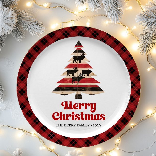 Klassisches kariertes Weihnachtsbaum benutzerdefin Pappteller (Classic Plaid Tree Christmas Custom Name Paper Plates)
