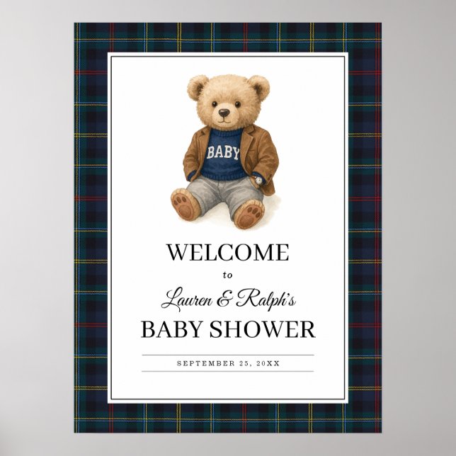 Klassisches Karo-Teddybär-Baby-Shower-Plakat Poster (Vorne)