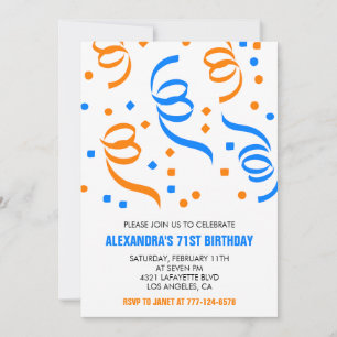 Klassisches Konfetti Blau Orange 71. Geburtstag Einladung