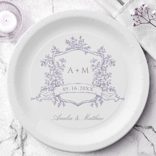 Klassisches Lavendel-Blumenwappen-Monogramm-Hochze Pappteller