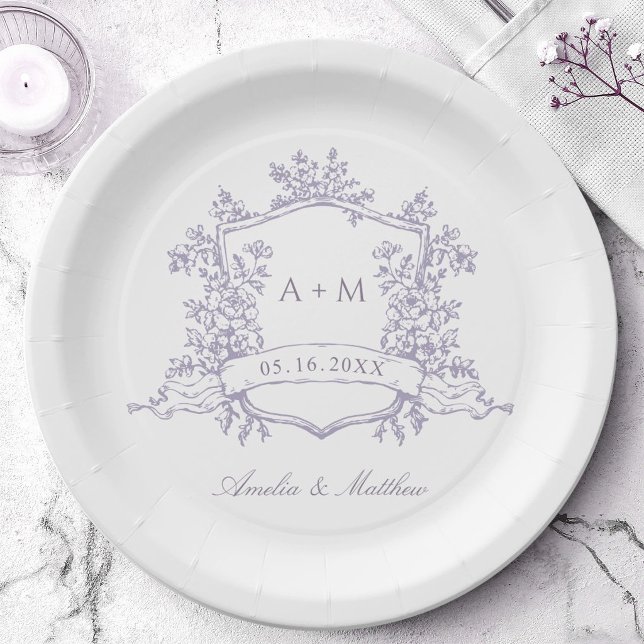 Klassisches Lavendel-Blumenwappen-Monogramm-Hochze Pappteller (Von Creator hochgeladen)