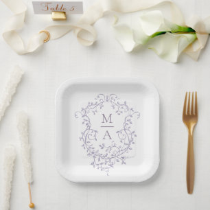 Klassisches Lavendel-Blumenwappen-Monogramm-Hochze Pappteller