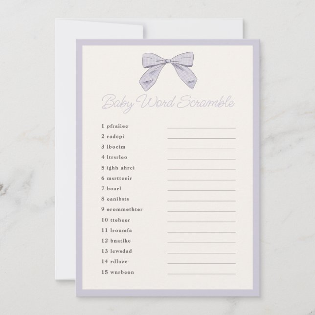 Klassisches Lila Bow Baby Shower Word Scramble Gam Einladung (Vorderseite)
