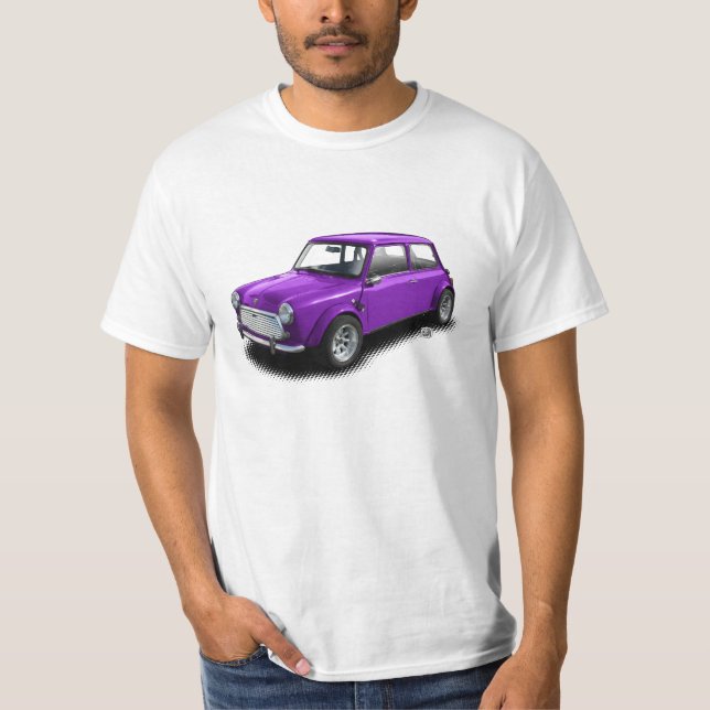Klassisches lila Miniauto auf weißem T - Shirt (Vorderseite)