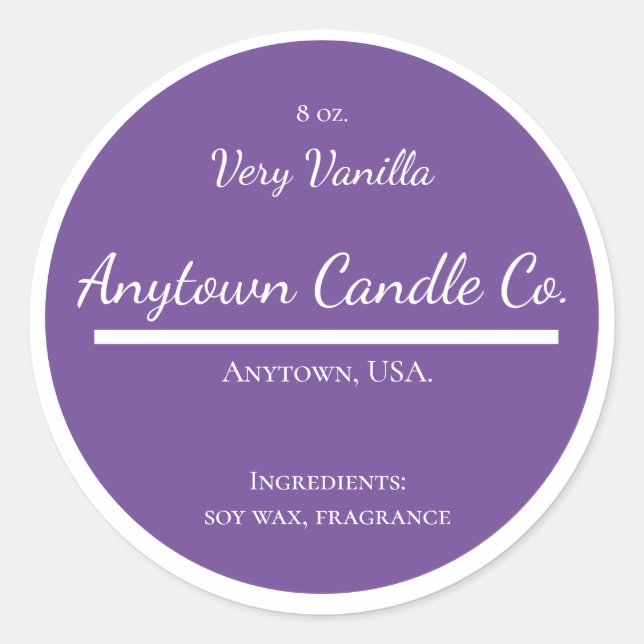 Klassisches Lila und weißes Candle Jar Label Runder Aufkleber (Vorderseite)