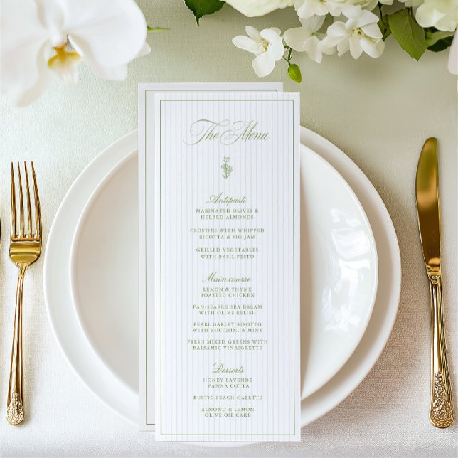 Klassisches Menü für Groß und Klein Menükarte (Classic Sage Green & Beige Striped Wedding Menu)