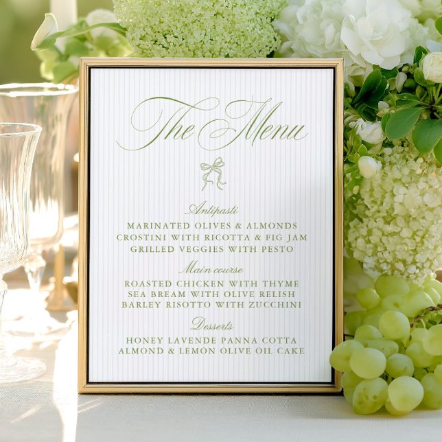 Klassisches Menü für Hochzeitsfeiern in Grün und B (Classic Sage Green & Blue Striped Wedding Menu)