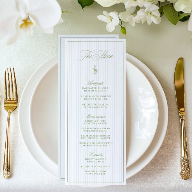Klassisches Menü für Hochzeitsfeiern in Grün und B Menükarte (Classic Sage Green & Blue Striped Wedding Menu)