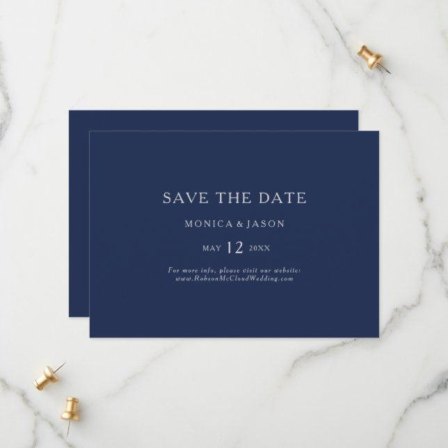 Klassisches Minimalistisch Navy Blue | Horizontal  Save The Date (Vorderseite/Rückseite Beispiel)