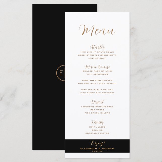 Klassisches Minimalistisches Black & Gold-Hochzeit Menükarte (Vorne/Hinten)