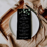 Klassisches Minimalistisches Eukalyptus Black Wedd Menükarte<br><div class="desc">Dieses klassische,  minimalistische eukalyptus schwarze Hochzeitsmenü ist perfekt,  um eine rustikale Hochzeit zu ergänzen. Das Design zeichnet sich durch einen wunderschönen kalligraphischen Schriftart und einen grünen Aquarell Eukalyptus in einem schwarzen Hintergrund aus.</div>