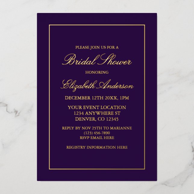 Klassisches Minimalistisches Lila Brautparty Folieneinladung (Vorderseite)