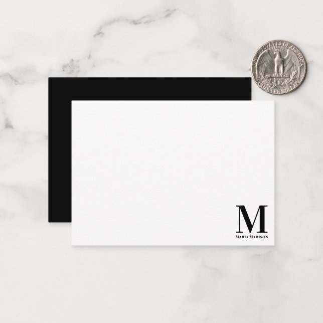 Klassisches Minimalistisches Monogramm Schwarz-wei Mitteilungskarte (Vorderseite/Rückseite Beispiel)