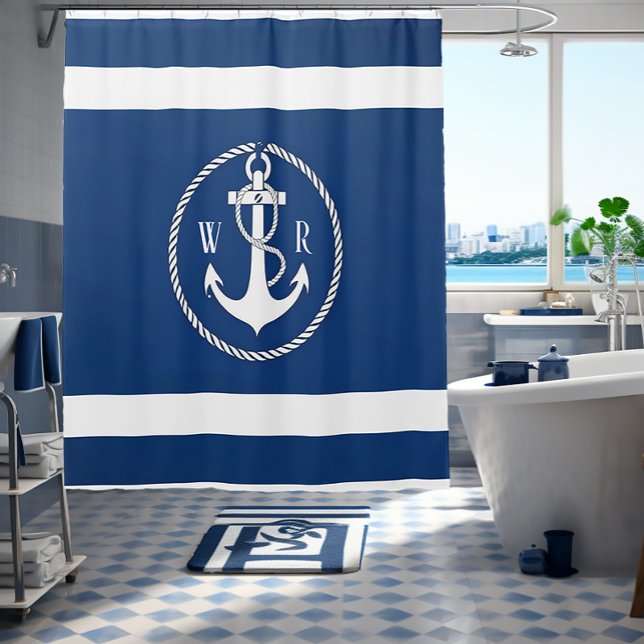 Klassisches Mit Monogramm Nautical Navy Blau und W Duschvorhang (Von Creator hochgeladen)
