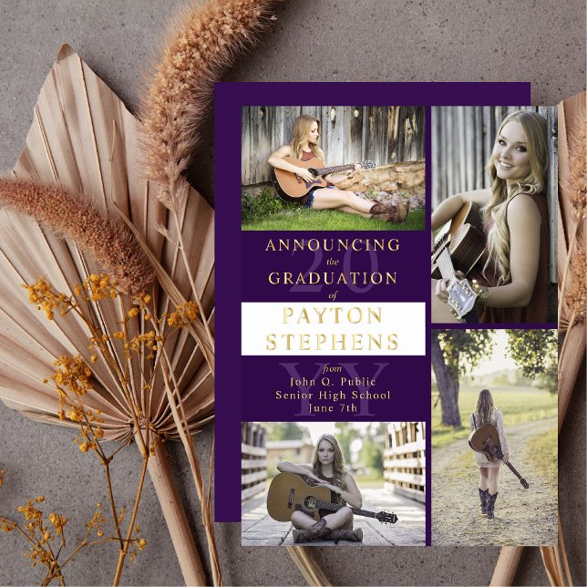 Klassisches modernes Foto Lila | Weißer Abschluss  Folieneinladung (Elegant and Classy Modern Four Photo Collage Purple and White Gold Foil Graduation Announcement)